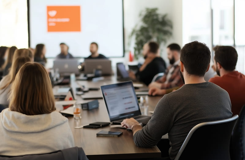 group people are sitting conference table with laptops sign that says