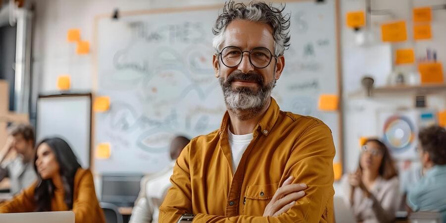 male coach energetically leads team through brainstorming session with whiteboard concept leadership teamwork brainstorming collaboration coaching (1)