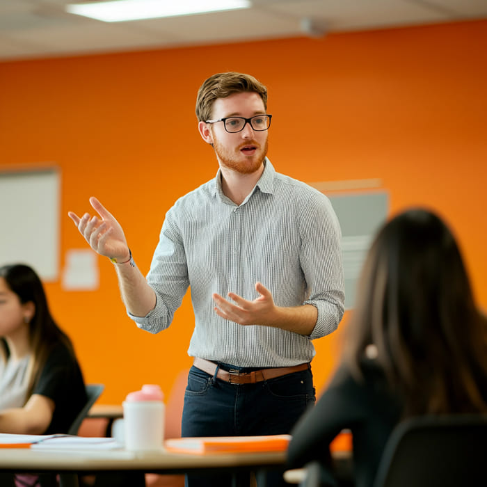 researcher explaining fundamental research findings students colleagues classroom setti (1)