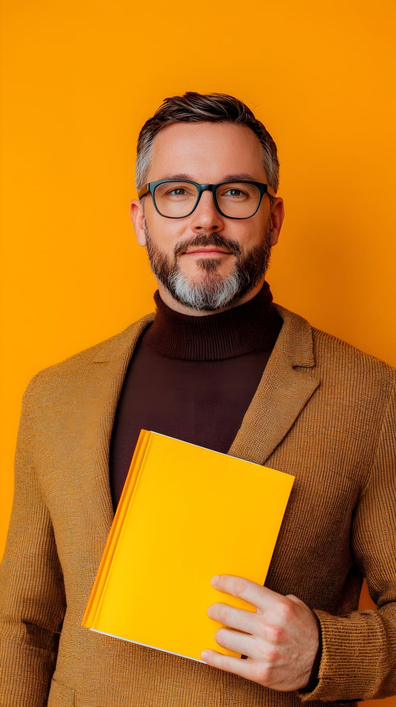 stylish man holding yellow book against vibrant backdrop (1)